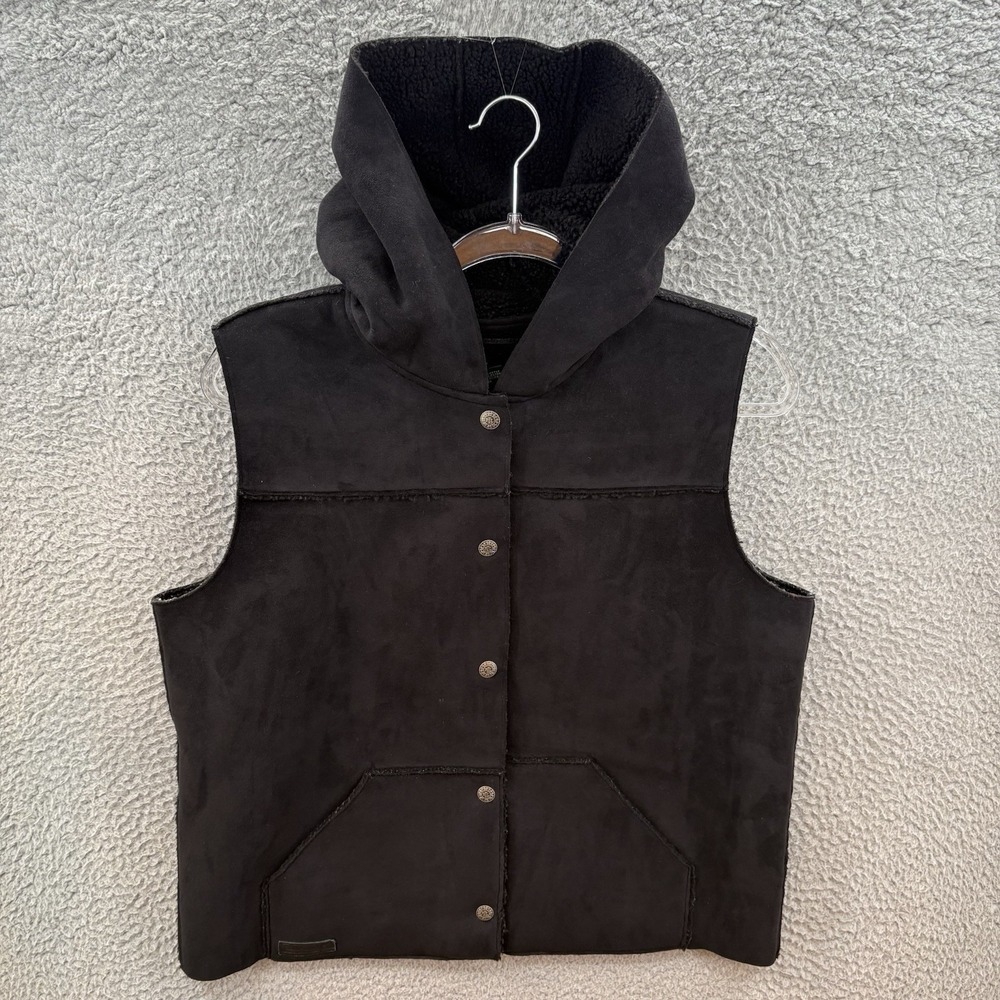 Ralph Lauren Vest Womens Petite M Black Faux Suede Sherpa Hoodie Sleeveless